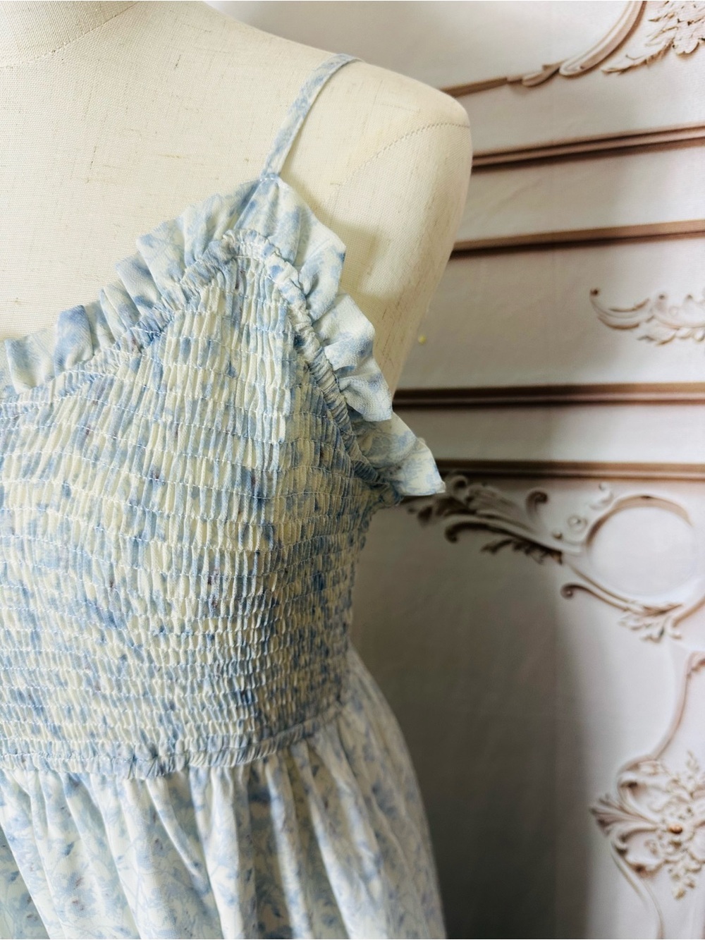 Smocked Light Blue Floral Maxi Dress with Spaghetti Straps - Picture 3 of 13
